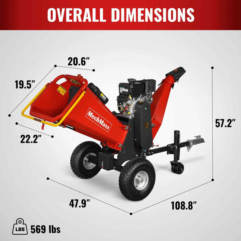 MechMaxx P4206 gas-powered drum wood chipper with Briggs & Stratton Vanguard engine showing overall dimensions and weight, gallery position 1