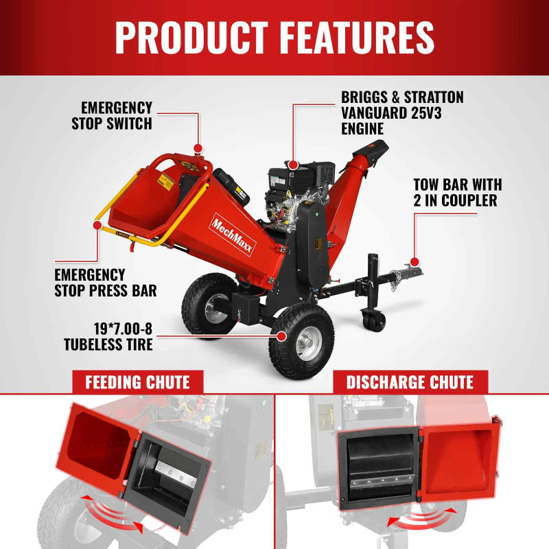 MechMaxx P4206 wood chipper highlighting feeding chute, discharge chute, engine, emergency stop, and tow bar features gallery position 1