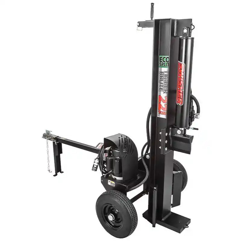 Swisher 22-Ton Timber Brute Eco Split electric log splitter standing vertically showing control handle and tow hitch, gallery position 1