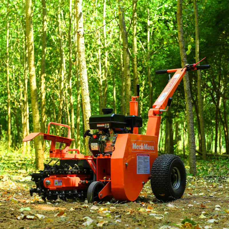 Three-quarter angled view of MechMaxx 7HP gas powered cable ditching mini trencher in forest clearing, gallery position 1