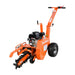 Isolated front-side view of MechMaxx 7HP gas powered cable ditching mini trencher with orange frame, gallery position 1
