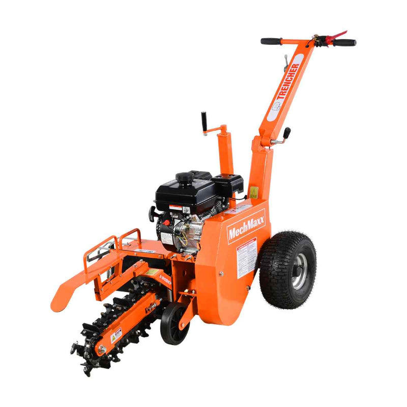 Isolated front-side view of MechMaxx 7HP gas powered cable ditching mini trencher with orange frame, gallery position 1