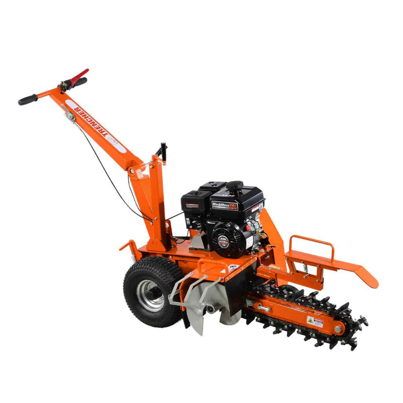 Angled view of MechMaxx 7HP gas powered cable ditching mini trencher with black engine and orange frame, gallery position 1