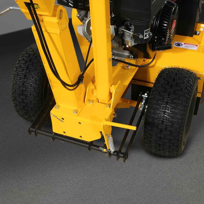 Close-up angled view of MechMaxx 420cc E-Start 24-inch ditching trencher rear frame and tires, gallery position 1