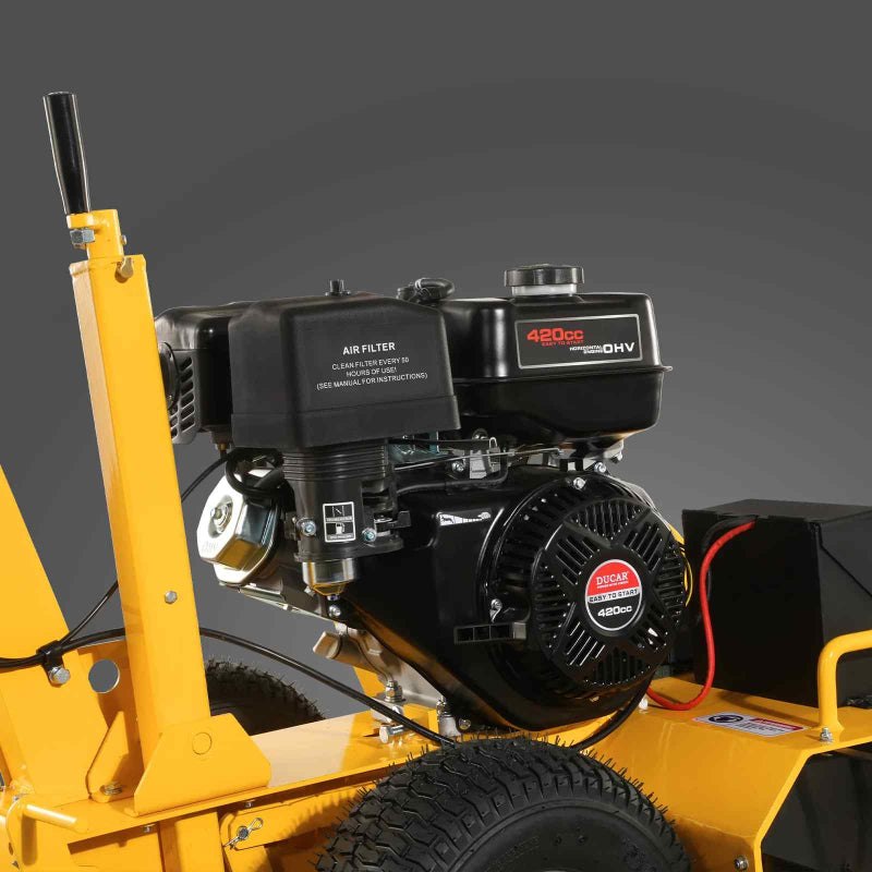 Close-up of MechMaxx 420cc E-Start ditching trencher engine and air filter with yellow frame, gallery position 1