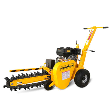 Three-quarter side view of MechMaxx 420cc E-Start 24-inch ditching trencher with yellow frame, gallery position 1