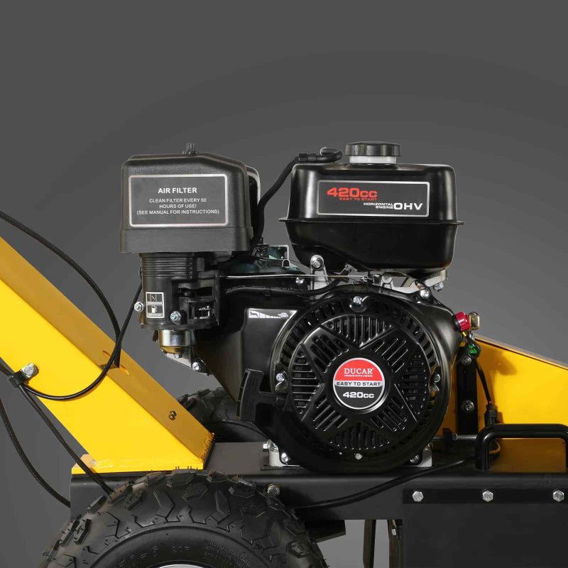 Close-up side view of MechMaxx 420cc DUCAR OHV gasoline engine on yellow stump grinder, gallery position 1