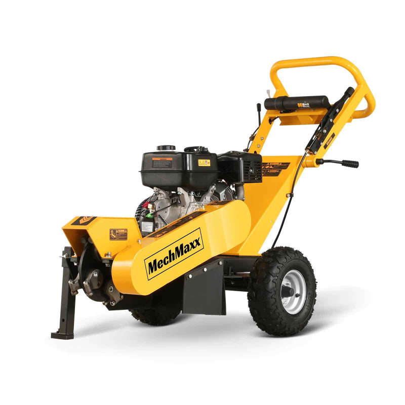 Three-quarter perspective of MechMaxx 420cc gasoline engine stump grinder on yellow frame, gallery position 1