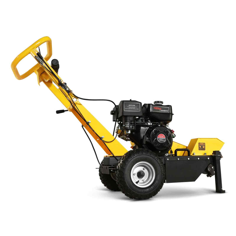 Side profile of MechMaxx 420cc DUCAR gas engine tree stump grinder showing yellow handle and black frame gallery 1