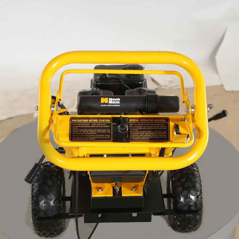 Rear view of yellow MechMaxx 420cc DUCAR E-Start stump grinder with safety bars and tow bar, gallery position 1