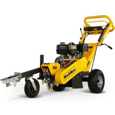 Three-quarter view of MechMaxx 420cc DUCAR stump grinder with tow bar and yellow frame, gallery position 1