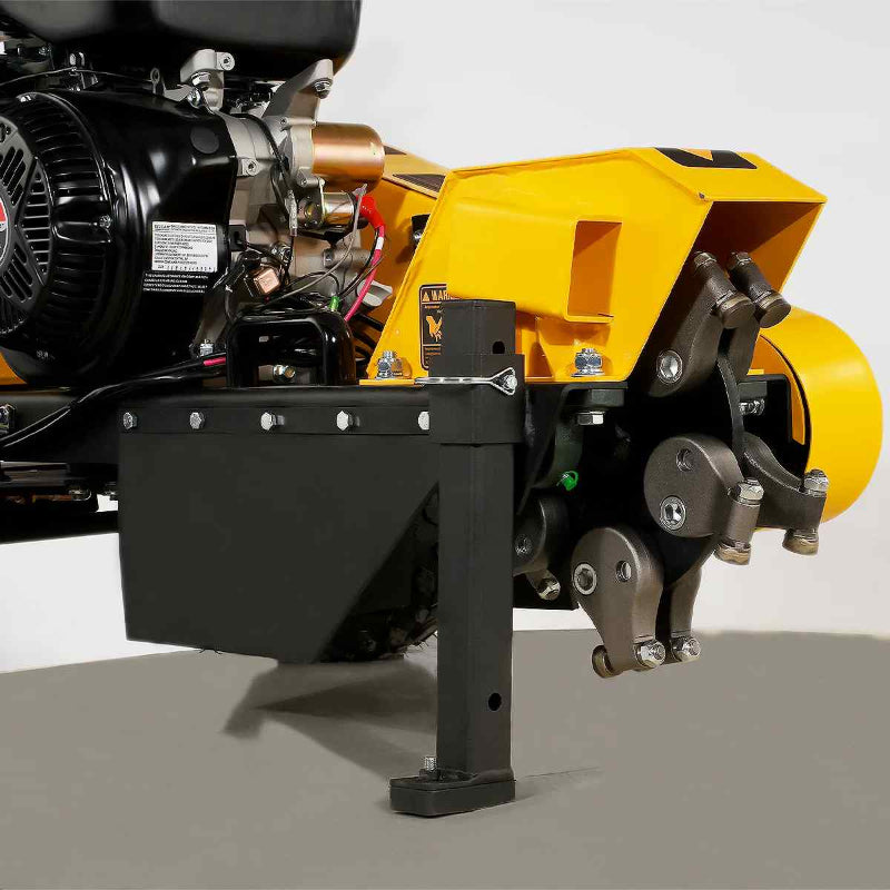 Close-up of MechMaxx 420cc DUCAR E-Start stump grinder cutting wheel and adjustable front support stand, gallery position 1