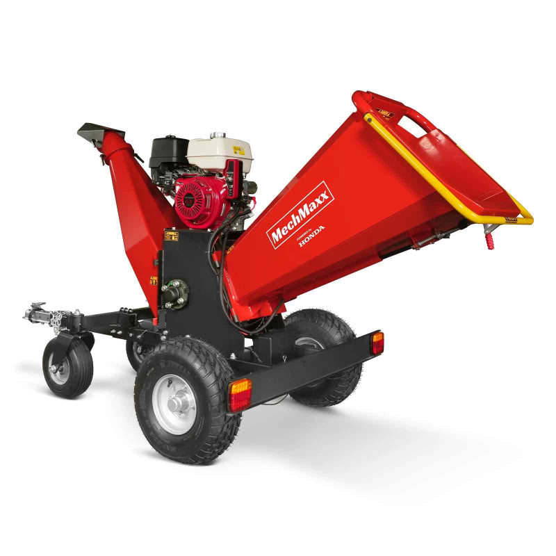 Rear three-quarter view of MechMaxx 6 inch Honda GX390 gas-powered drum wood chipper, gallery position 1