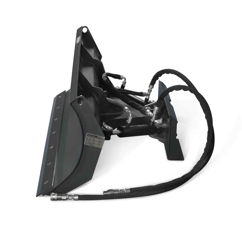 rear angled view of black 57-inch hydraulic mini skid steer dozer blade with hoses gallery position 1