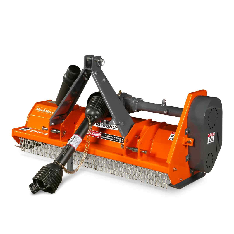 Front three-quarter view of orange MechMaxx 48-inch PTO driven light-duty flail mower with drive shaft, gallery 1