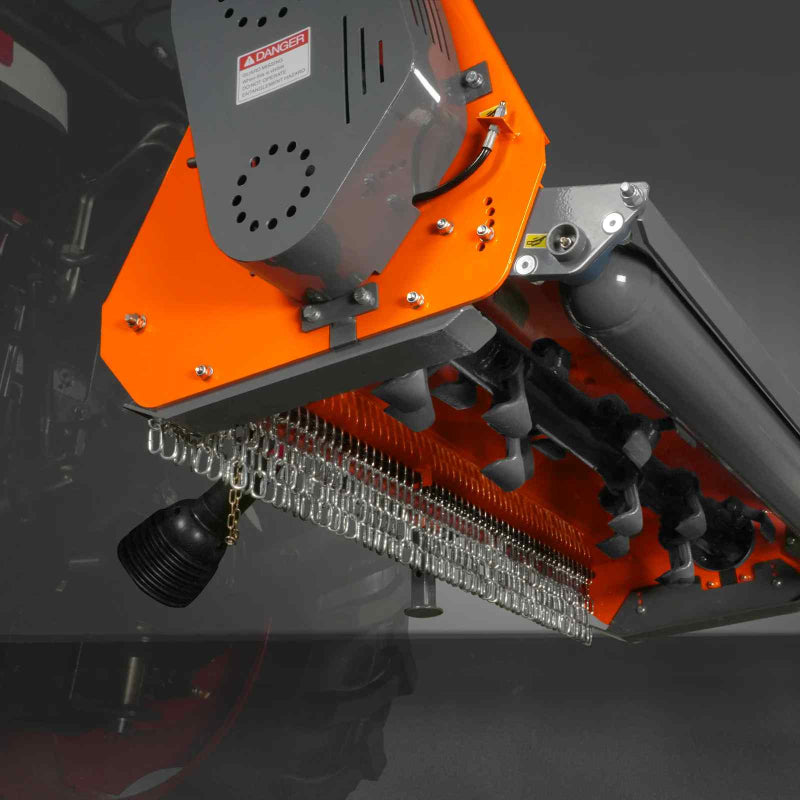 Underside view of MechMaxx 48-inch PTO driven flail mower showing chained curtain and blade assembly, gallery position 1