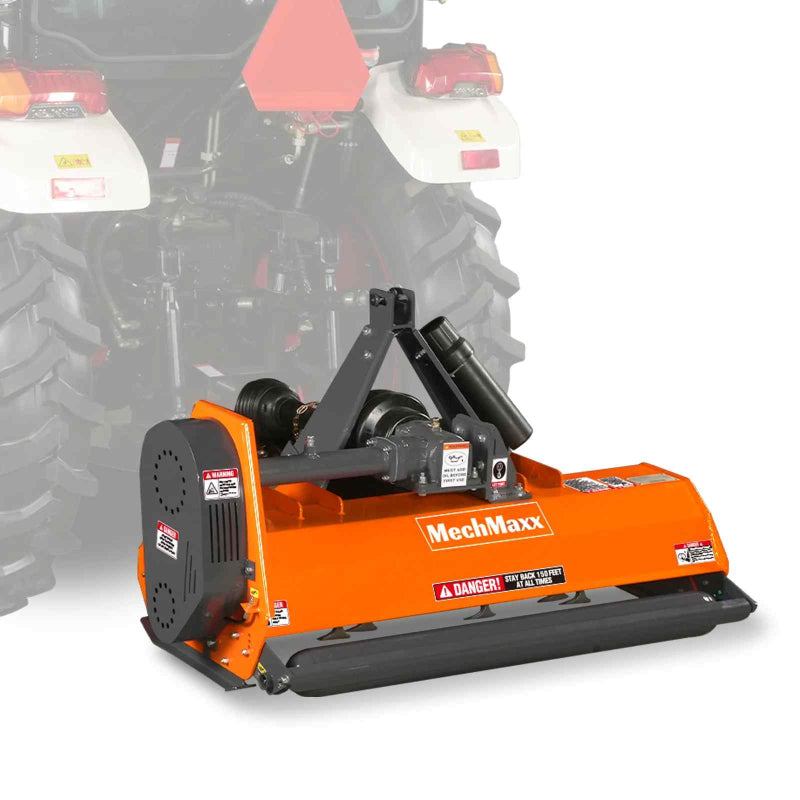 Front view of orange MechMaxx 48-inch PTO driven light-duty flail mower attached to tractor, gallery position 1