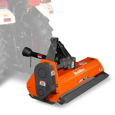 Left-angle view of orange MechMaxx 60-inch PTO driven light-duty flail mower attached to tractor, gallery position 1