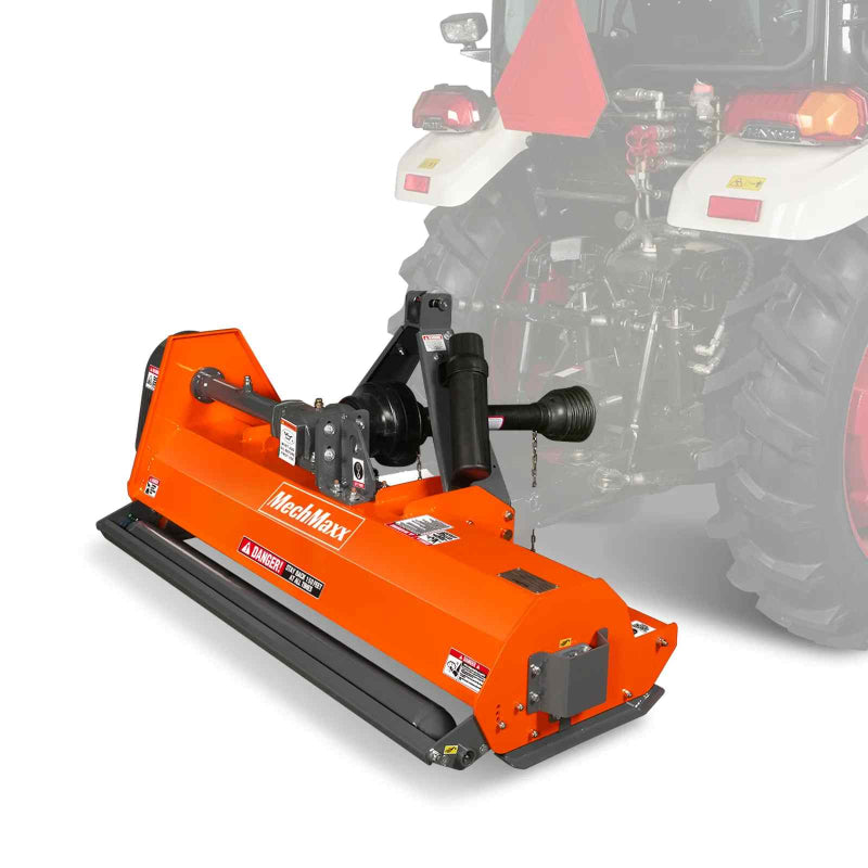 Right-front angle of orange MechMaxx 60-inch PTO flail mower attached to tractor, gallery position 1