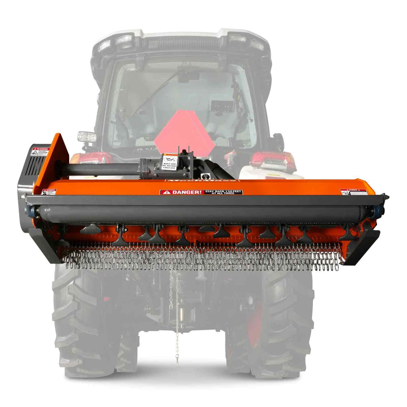 Front view of orange MechMaxx 60-inch PTO driven flail mower showing chained curtain and blade assembly, gallery position 1
