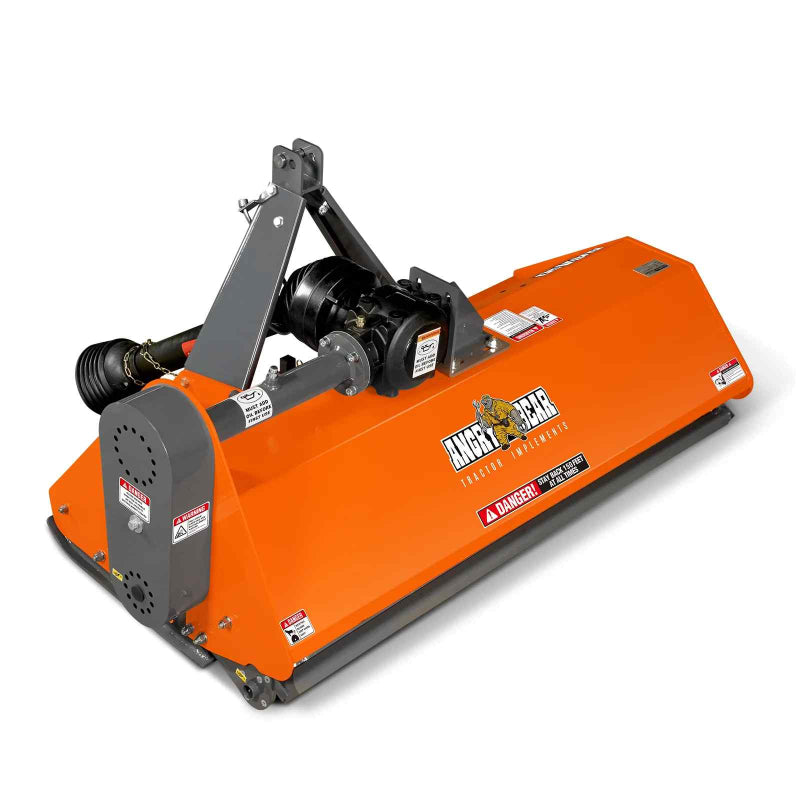Left-side view of orange 60-inch PTO driven MechMaxx flail mower showing PTO shaft and frame, gallery position 1