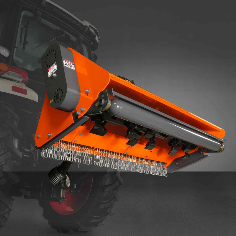 Front underside angle of orange MechMaxx 60-inch PTO driven flail mower attached to tractor, gallery position 1