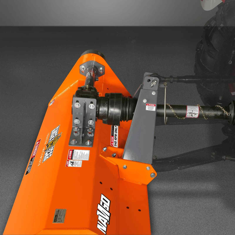 Top-down view of orange MechMaxx 60-inch PTO driven flail mower showing deck and PTO shaft connection, gallery position 1