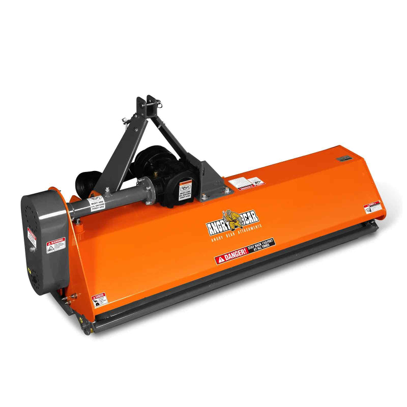 Orange 68-inch PTO driven MechMaxx flail mower showing deck and PTO driveline, gallery position 1