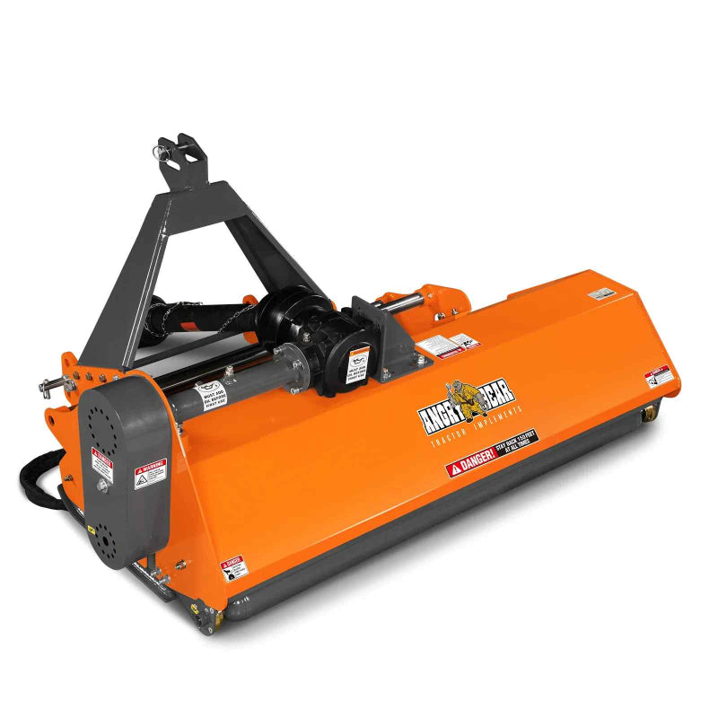 Angled front view of orange MechMaxx 68-inch PTO flail mower with hydraulic side shift, gallery position 1