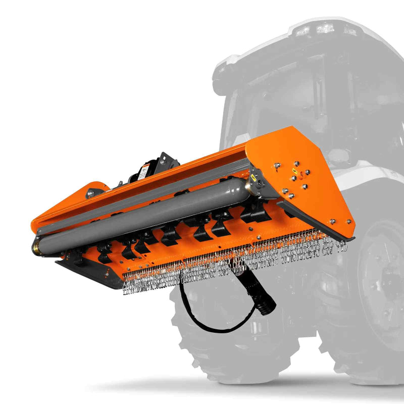 Underside view of orange MechMaxx 68-inch PTO flail mower with hydraulic side shift, showing rotor and chain guard, gallery position 1