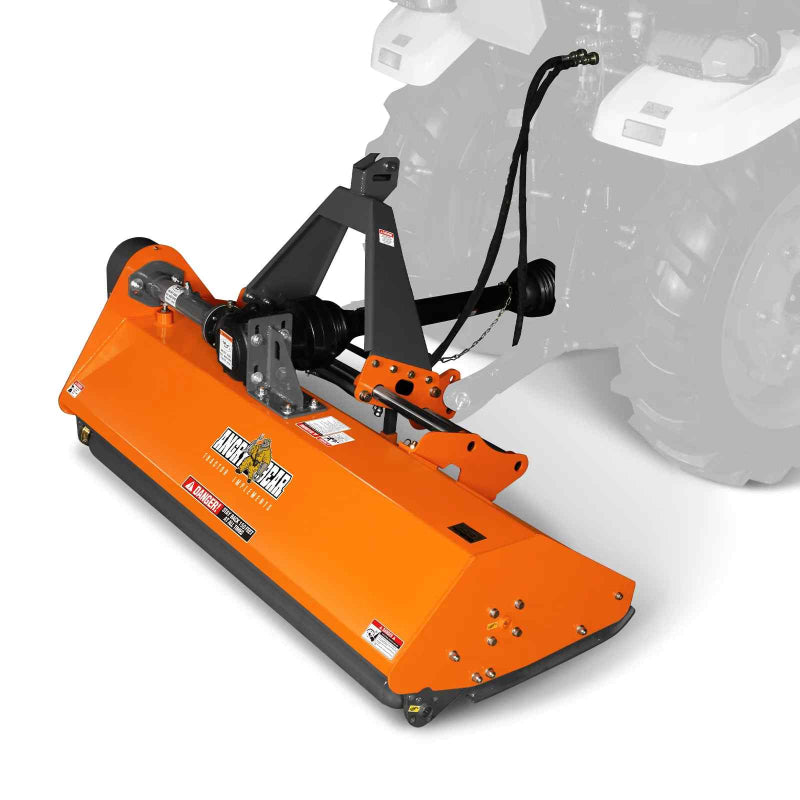 Angled front view of orange MechMaxx 68-inch PTO flail mower with hydraulic side shift, gallery position 1