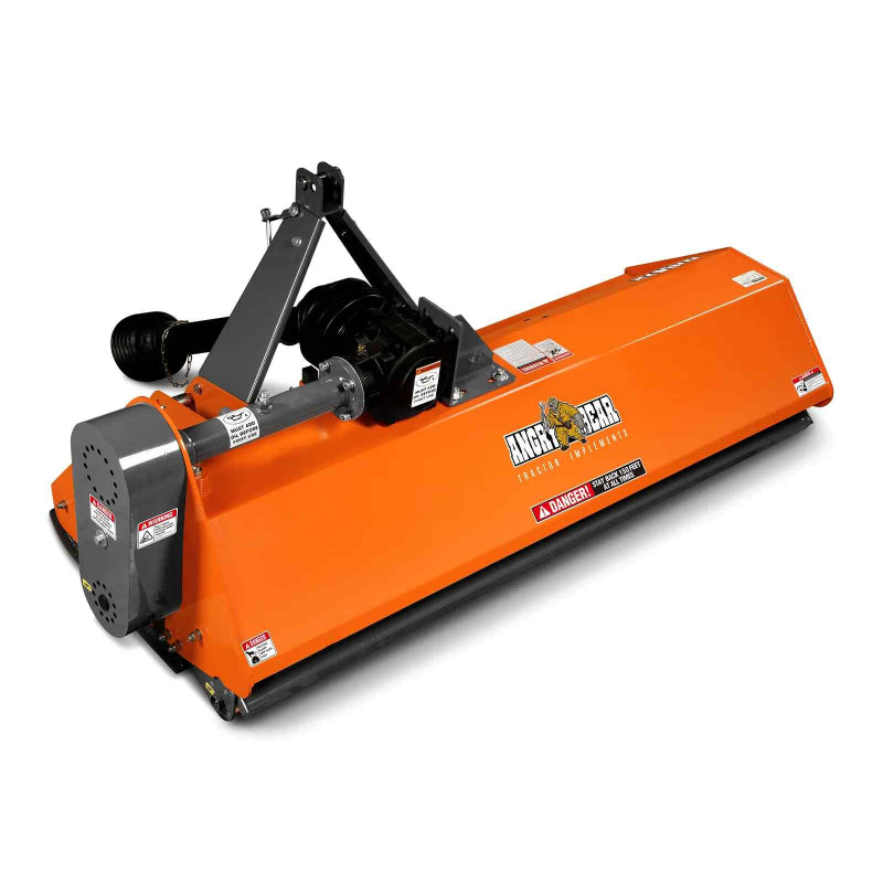 Front angled view of orange MechMaxx 72-inch PTO driven flail mower showing gearbox and PTO shaft, gallery position 1