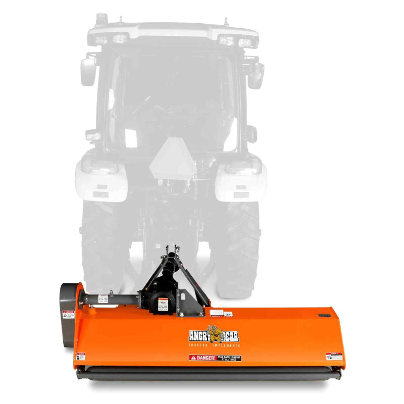 Front view of orange MechMaxx 72-inch PTO driven flail mower attached to tractor, gallery position 1