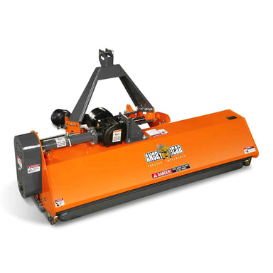 angled front view of orange Anger Bear 72-inch PTO flail mower with driveline and three-point hitch, gallery position 1