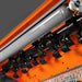 close-up underside view of rotor and flail blades on orange MechMaxx 72-inch PTO flail mower, gallery position 1