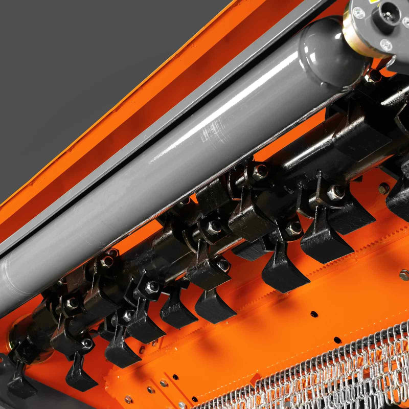 close-up underside view of rotor and flail blades on orange MechMaxx 72-inch PTO flail mower, gallery position 1