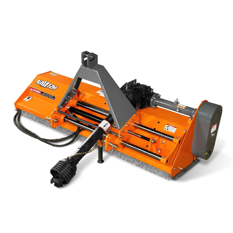 angled front view of orange MechMaxx 72-inch PTO flail mower with hydraulic side shift, gallery position 1