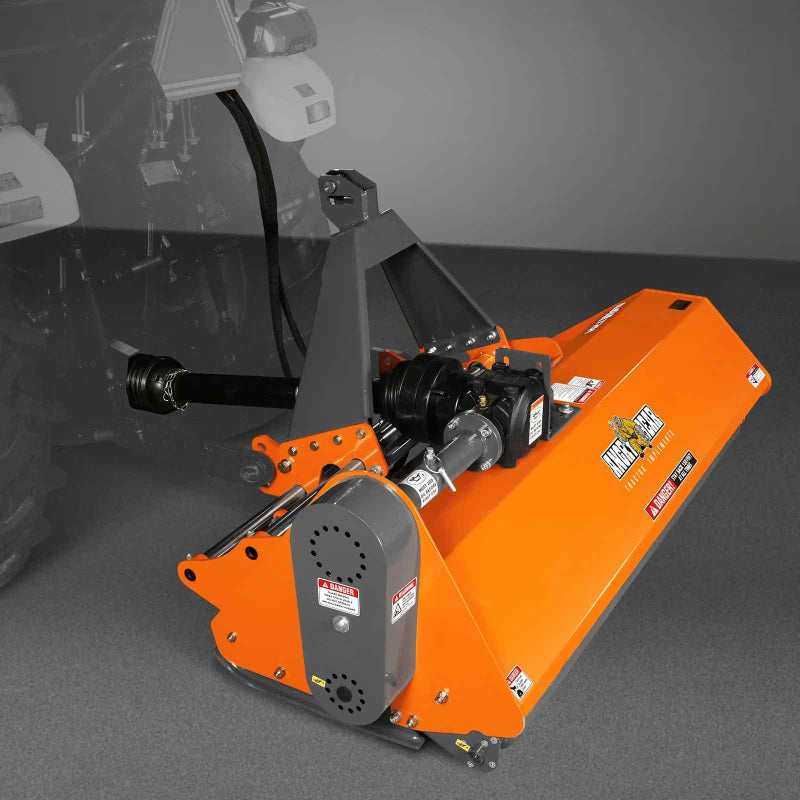 Front view of orange MechMaxx 72-inch PTO flail mower with hydraulic side shift attachment, gallery position 1