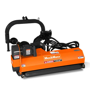 Front angled view of orange MechMaxx 48-inch PTO 3 point offset flail ditch bank mower, gallery position 1
