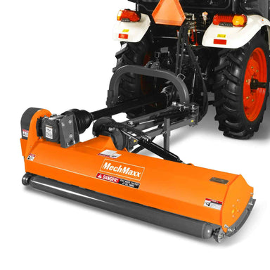 angled view of orange MechMaxx 65-inch 3 point offset flail ditch bank mower connected to tractor, gallery position 1