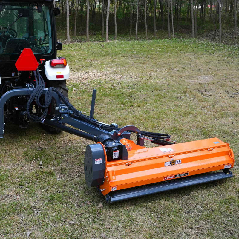 rear angled view of orange MechMaxx 72-inch offset ditch bank flail mower attached to tractor at gallery position 1