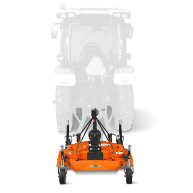 rear view of orange MechMaxx 48-inch PTO finishing mower with caster wheels aligned, gallery position 1