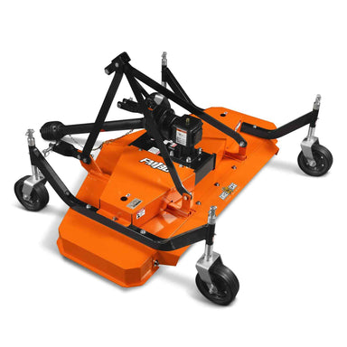 angled top-front view of orange 72-inch PTO finishing mower with caster wheels and driveline shaft, gallery position 1