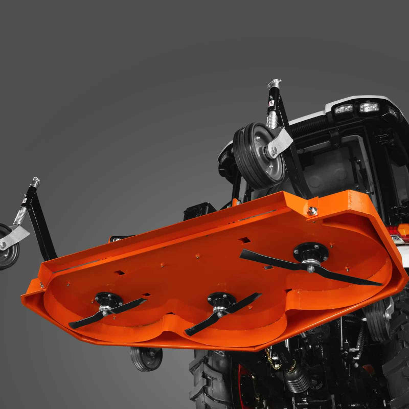 low-angle view of underside of orange 72-inch MechMaxx PTO finishing mower showing blade assembly and caster wheels gallery position 1