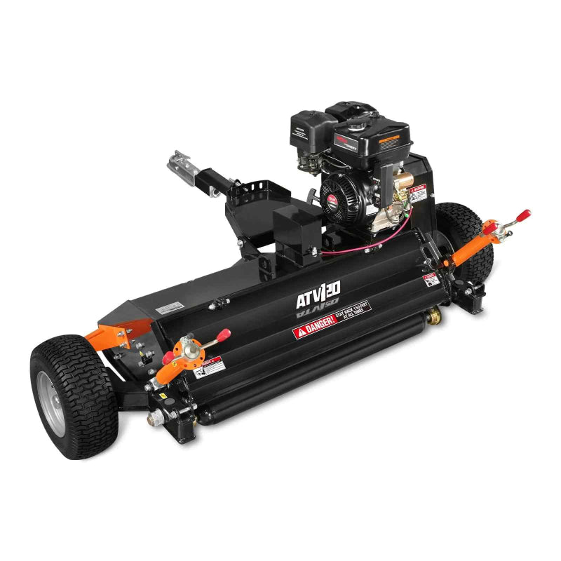 angled front view of black MechMaxx ATV120 48-inch tow-behind offset flail mower with engine and large tires gallery position 1