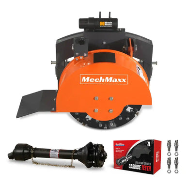 front view of orange MechMaxx SG24 3-point PTO stump grinder with carbide teeth, driveline, and attachment kit gallery position 1