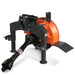 angled front view of orange MechMaxx SG24 3-point PTO stump grinder with black driveline in gallery position 1