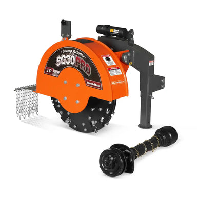 front angle of orange MechMaxx SG30PRO 3-point PTO stump grinder with carbide teeth and detached PTO shaft at gallery position 1