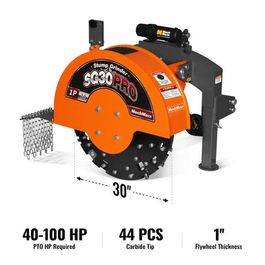 front view of orange MechMaxx SG30PRO 3-point PTO stump grinder with 30-inch flywheel and 44 carbide teeth at gallery position 1
