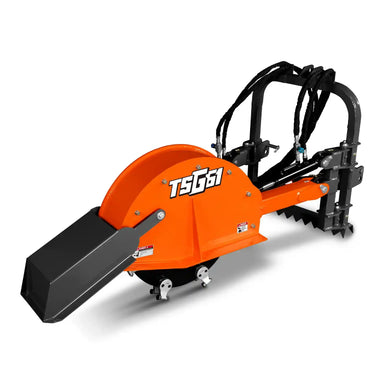 angled side view of orange MechMaxx TSG61 24-inch cutting wheel stump grinder with hydraulic cylinders gallery position 1